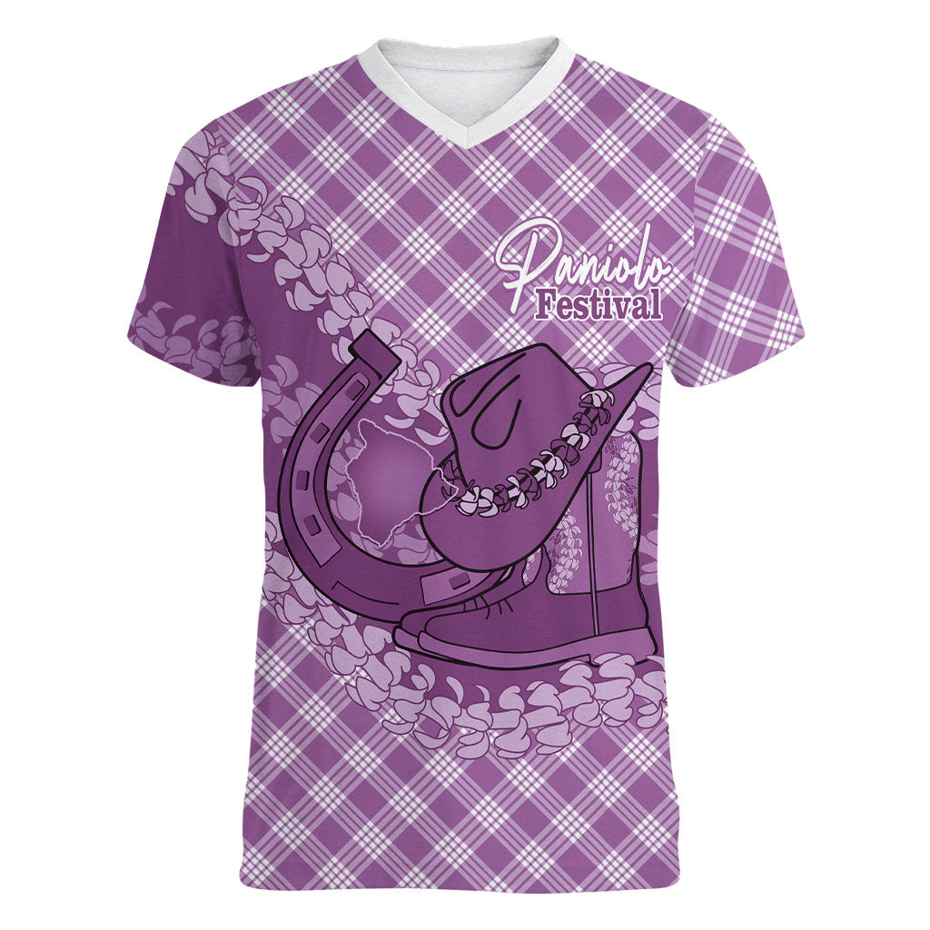 Poni Hawaii Cowboy Palaka Motifs Personalised Women V-Neck T-Shirt Paniolo Festival Puakenikeni Lei LT14 Female Purple - Polynesian Pride