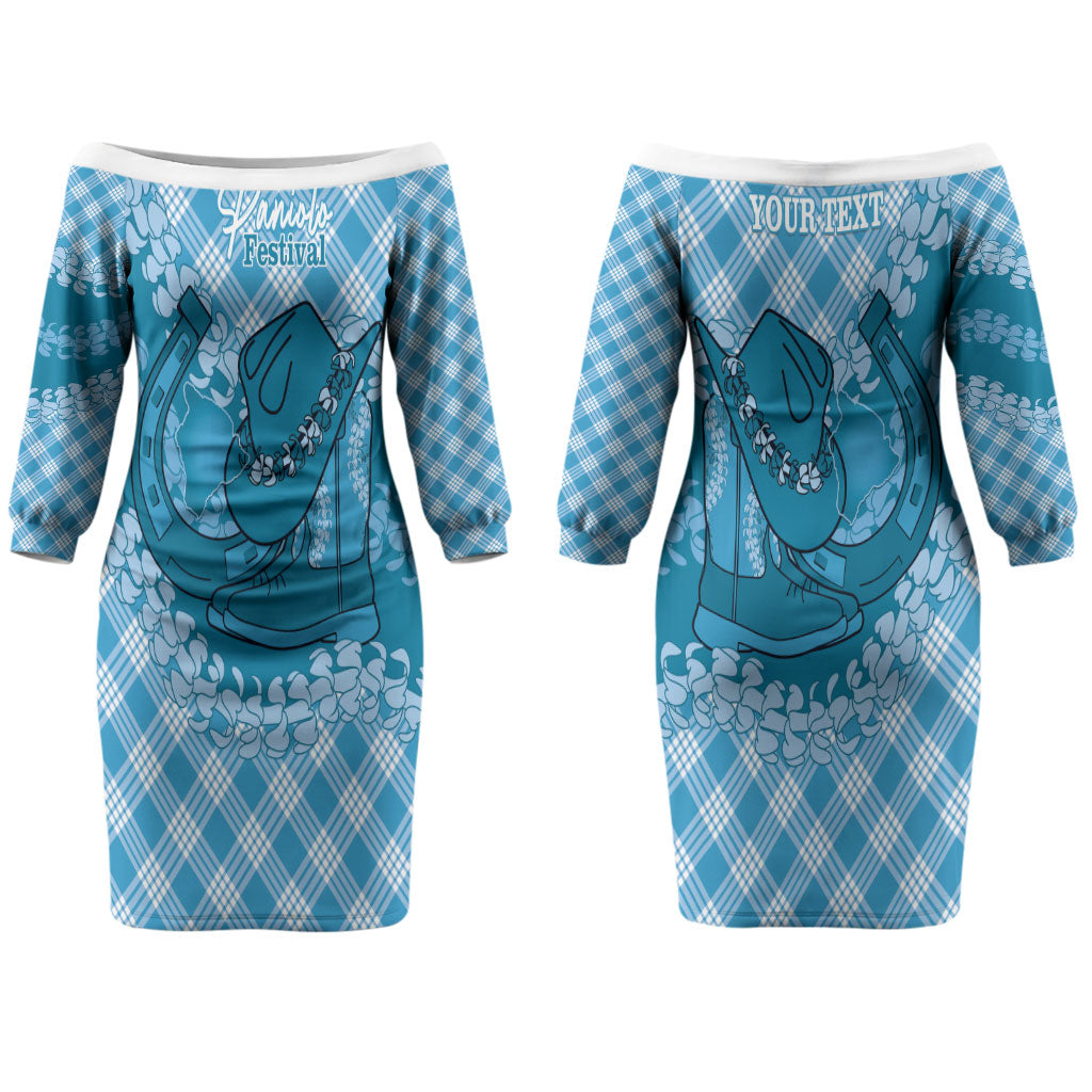 Polu Hawaii Cowboy Palaka Motifs Personalised Couples Matching Off The Shoulder Long Sleeve Dress and Long Sleeve Button Shirt Paniolo Festival Puakenikeni Lei LT14 - Polynesian Pride