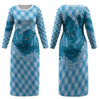 Polu Hawaii Cowboy Palaka Motifs Personalised Family Matching Long Sleeve Bodycon Dress and Hawaiian Shirt Paniolo Festival Puakenikeni Lei LT14 Mom's Dress Blue - Polynesian Pride