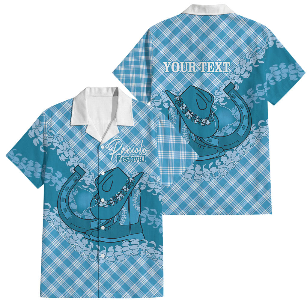 Polu Hawaii Cowboy Palaka Motifs Personalised Family Matching Off Shoulder Maxi Dress and Hawaiian Shirt Paniolo Festival Puakenikeni Lei LT14 Dad's Shirt - Short Sleeve Blue - Polynesian Pride