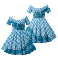 Polu Hawaii Cowboy Palaka Motifs Personalised Family Matching Off Shoulder Short Dress and Hawaiian Shirt Paniolo Festival Puakenikeni Lei LT14 Daughter's Dress Blue - Polynesian Pride