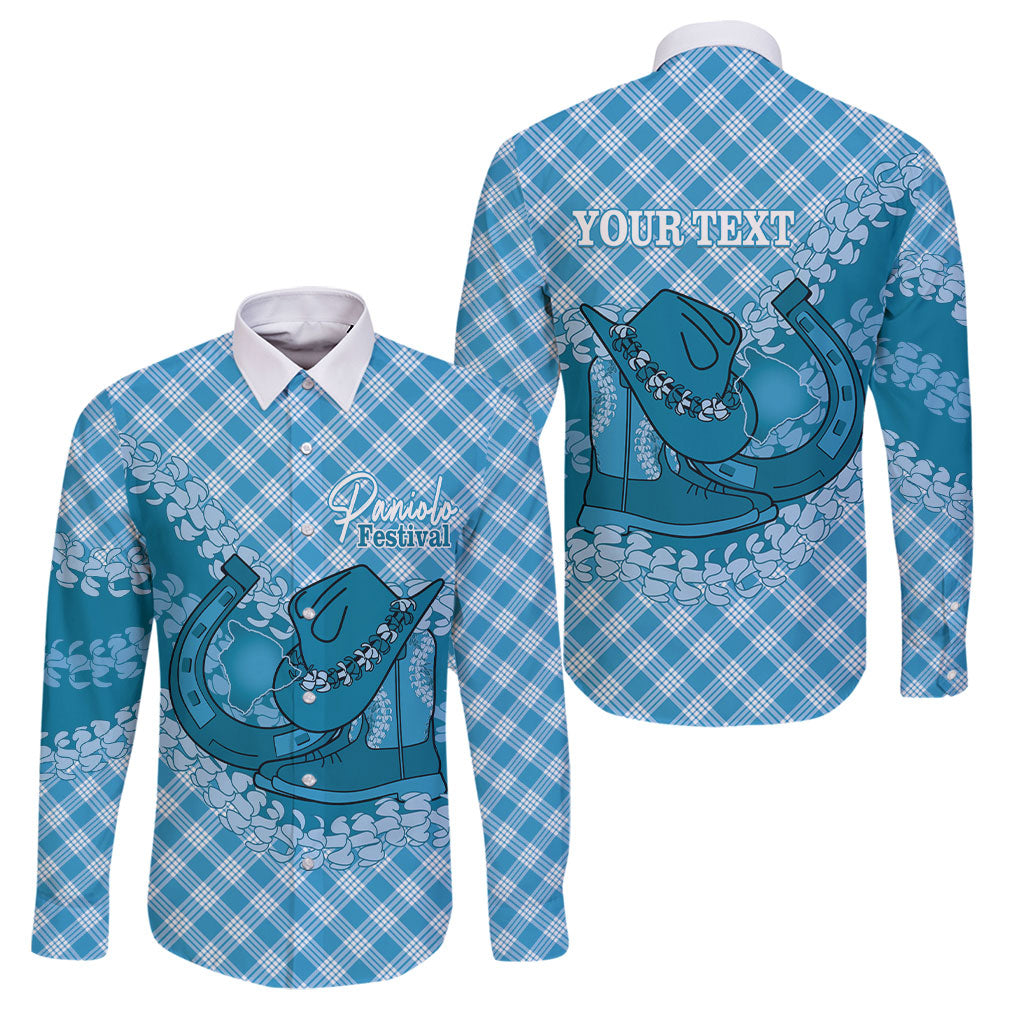 Polu Hawaii Cowboy Palaka Motifs Personalised Family Matching Short Sleeve Bodycon Dress and Hawaiian Shirt Paniolo Festival Puakenikeni Lei LT14 Dad's Shirt - Long Sleeve Blue - Polynesian Pride