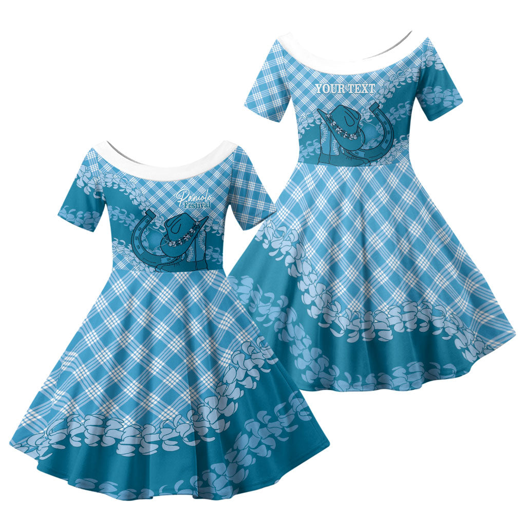 Polu Hawaii Cowboy Palaka Motifs Personalised Family Matching Short Sleeve Bodycon Dress and Hawaiian Shirt Paniolo Festival Puakenikeni Lei LT14 Daughter's Dress Blue - Polynesian Pride