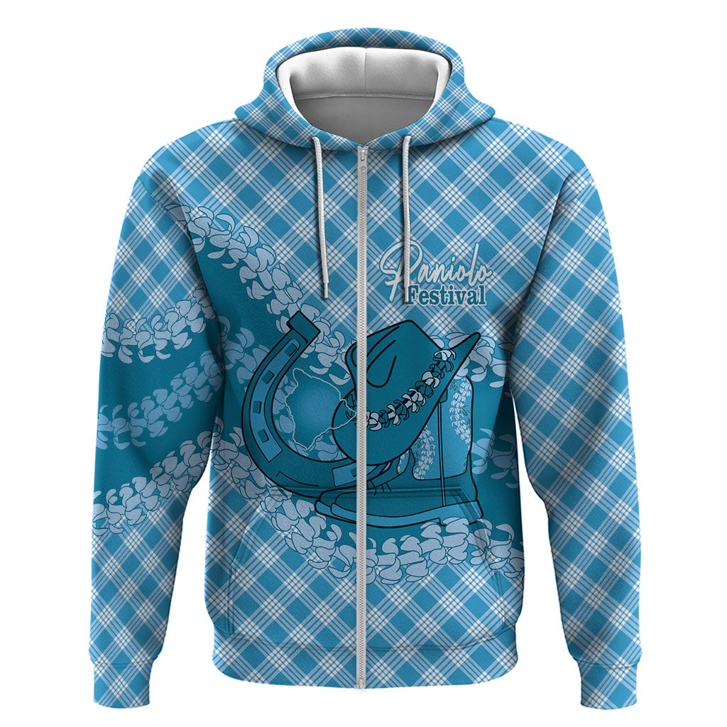 Polu Hawaii Cowboy Palaka Motifs Personalised Hoodie Paniolo Festival Puakenikeni Lei LT14 Zip Hoodie Blue - Polynesian Pride
