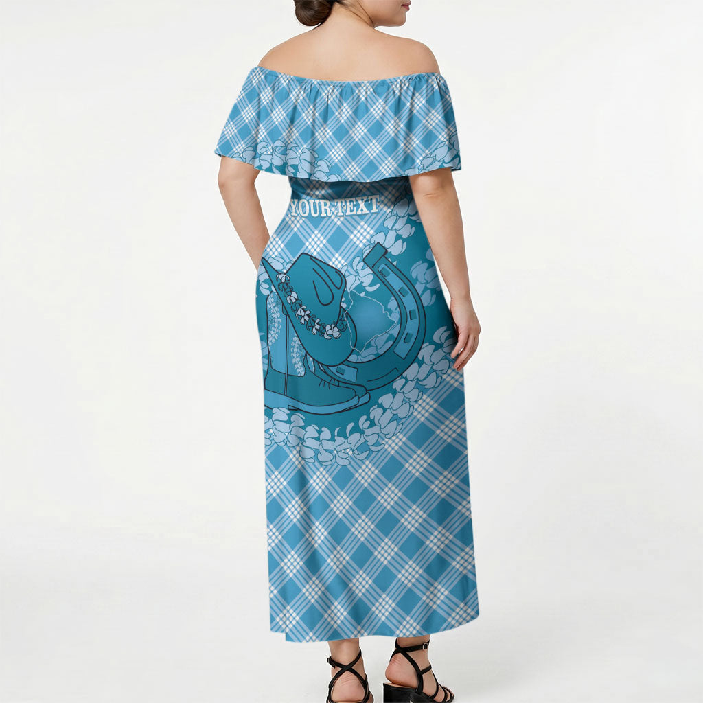 Polu Hawaii Cowboy Palaka Motifs Personalised Off Shoulder Maxi Dress Paniolo Festival Puakenikeni Lei LT14 - Polynesian Pride