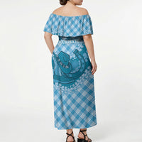 Polu Hawaii Cowboy Palaka Motifs Personalised Off Shoulder Maxi Dress Paniolo Festival Puakenikeni Lei LT14 - Polynesian Pride