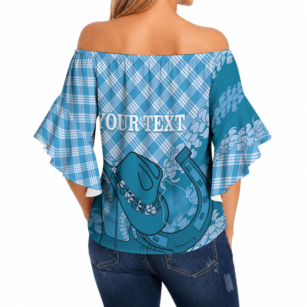 Polu Hawaii Cowboy Palaka Motifs Personalised Off Shoulder Wrap Waist Top Paniolo Festival Puakenikeni Lei LT14 - Polynesian Pride