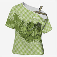 Omaomao Hawaii Cowboy Palaka Motifs Personalised Cross Shoulder Shirt Paniolo Festival Puakenikeni Lei LT14 Female Green - Polynesian Pride