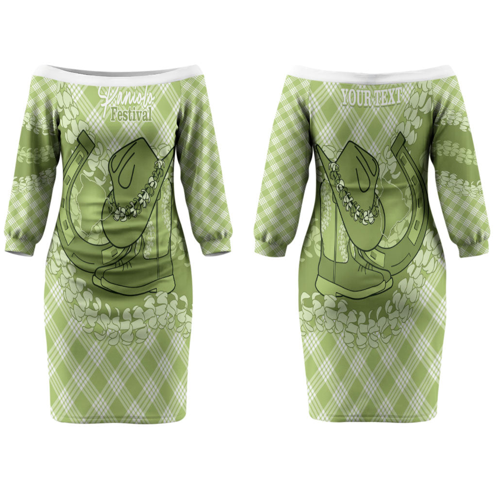 Omaomao Hawaii Cowboy Palaka Motifs Personalised Family Matching Off The Shoulder Long Sleeve Dress and Hawaiian Shirt Paniolo Festival Puakenikeni Lei LT14 Mom's Dress Green - Polynesian Pride