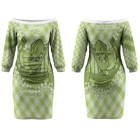 Omaomao Hawaii Cowboy Palaka Motifs Personalised Family Matching Off The Shoulder Long Sleeve Dress and Hawaiian Shirt Paniolo Festival Puakenikeni Lei LT14 Mom's Dress Green - Polynesian Pride
