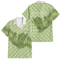 Omaomao Hawaii Cowboy Palaka Motifs Personalised Family Matching Off Shoulder Short Dress and Hawaiian Shirt Paniolo Festival Puakenikeni Lei LT14 Dad's Shirt - Short Sleeve Green - Polynesian Pride