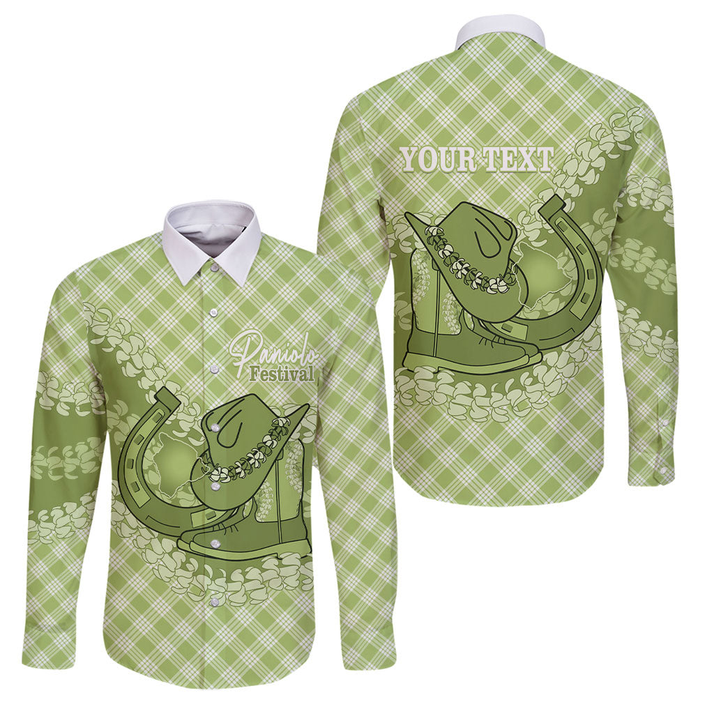 Omaomao Hawaii Cowboy Palaka Motifs Personalised Family Matching Off Shoulder Short Dress and Hawaiian Shirt Paniolo Festival Puakenikeni Lei LT14 Dad's Shirt - Long Sleeve Green - Polynesian Pride