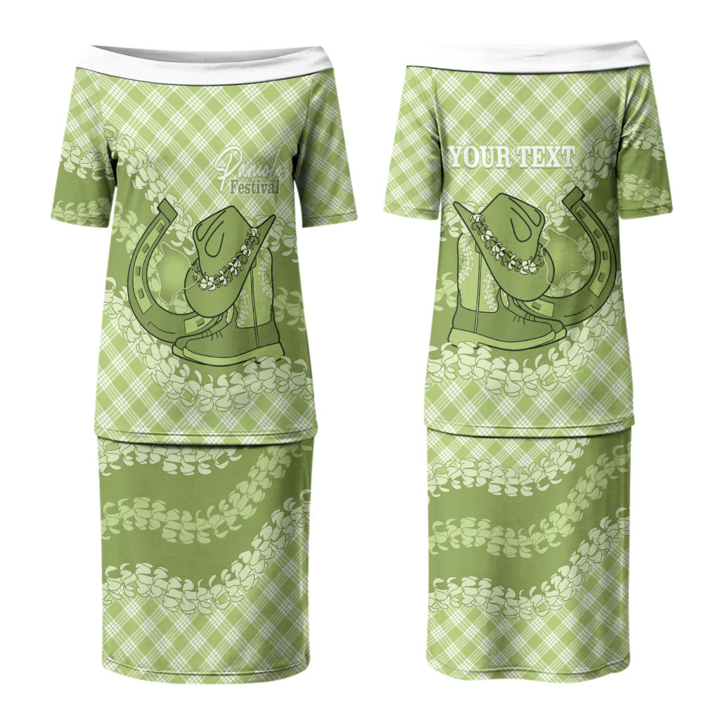 Omaomao Hawaii Cowboy Palaka Motifs Personalised Family Matching Puletasi and Hawaiian Shirt Paniolo Festival Puakenikeni Lei LT14 Mom's Dress Green - Polynesian Pride