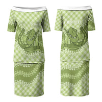 Omaomao Hawaii Cowboy Palaka Motifs Personalised Family Matching Puletasi and Hawaiian Shirt Paniolo Festival Puakenikeni Lei LT14 Mom's Dress Green - Polynesian Pride