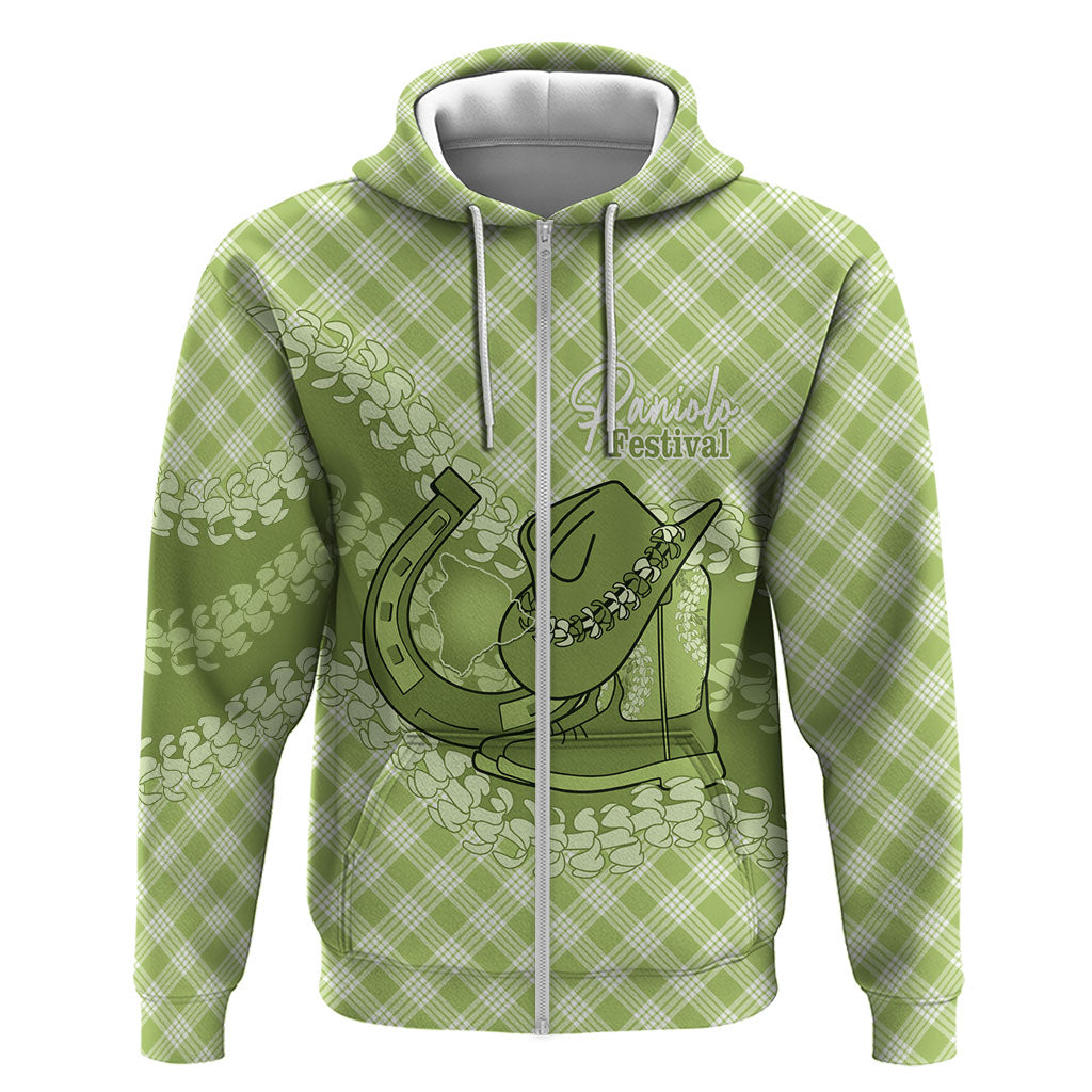 Omaomao Hawaii Cowboy Palaka Motifs Personalised Hoodie Paniolo Festival Puakenikeni Lei LT14 Zip Hoodie Green - Polynesian Pride