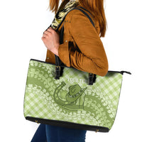 Omaomao Hawaii Cowboy Palaka Motifs Personalised Leather Tote Bag Paniolo Festival Puakenikeni Lei LT14 Green - Polynesian Pride