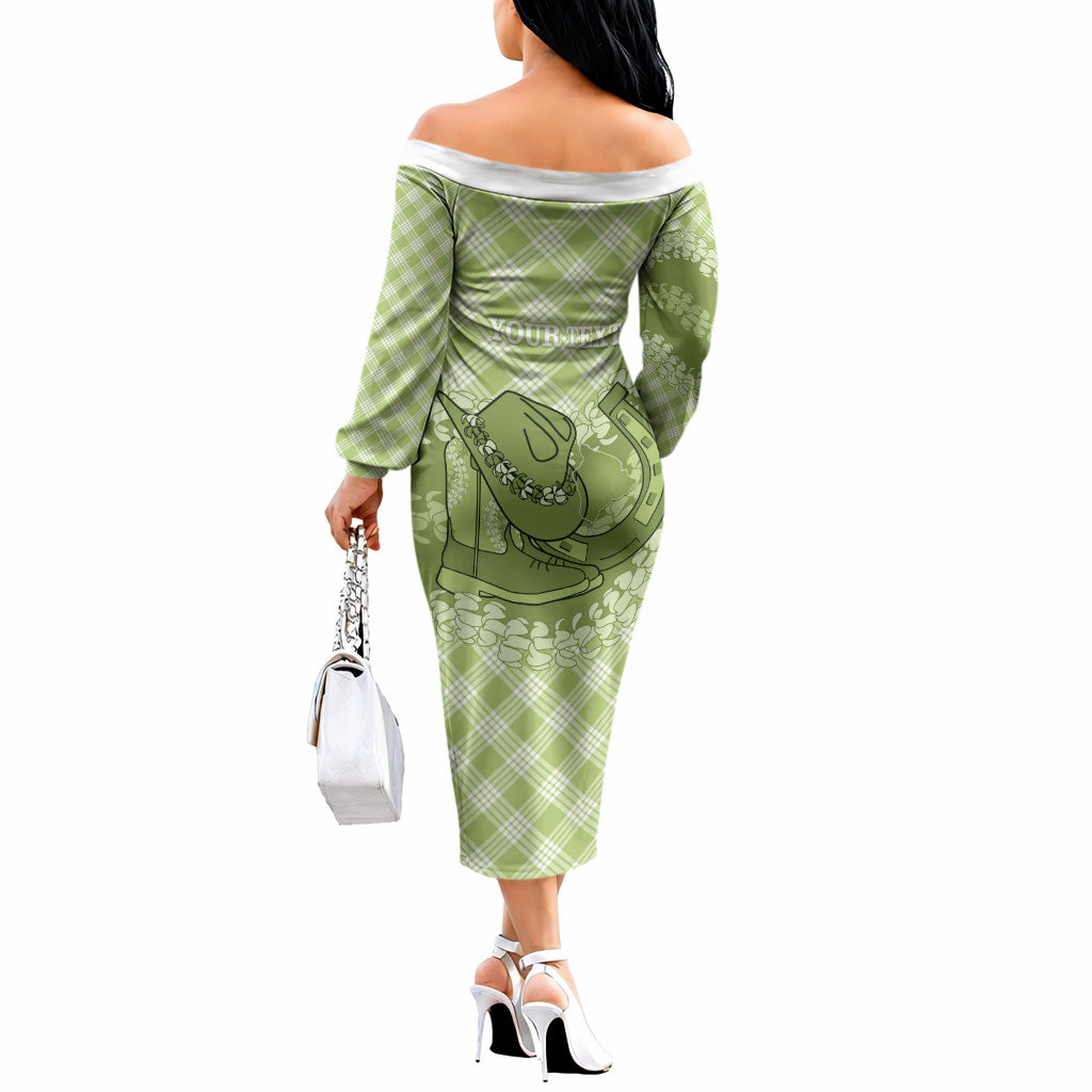 Omaomao Hawaii Cowboy Palaka Motifs Personalised Off The Shoulder Long Sleeve Dress Paniolo Festival Puakenikeni Lei LT14 - Polynesian Pride