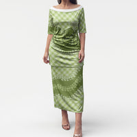 Omaomao Hawaii Cowboy Palaka Motifs Personalised Puletasi Paniolo Festival Puakenikeni Lei LT14 Long Dress Green - Polynesian Pride