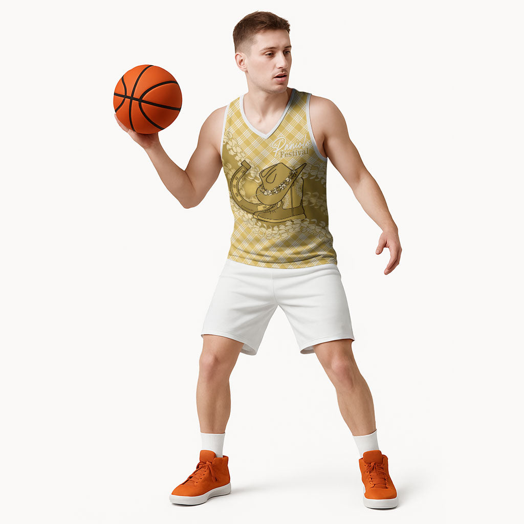 Melemele Hawaii Cowboy Palaka Motifs Personalised Basketball Jersey Paniolo Festival Puakenikeni Lei LT14 - Polynesian Pride