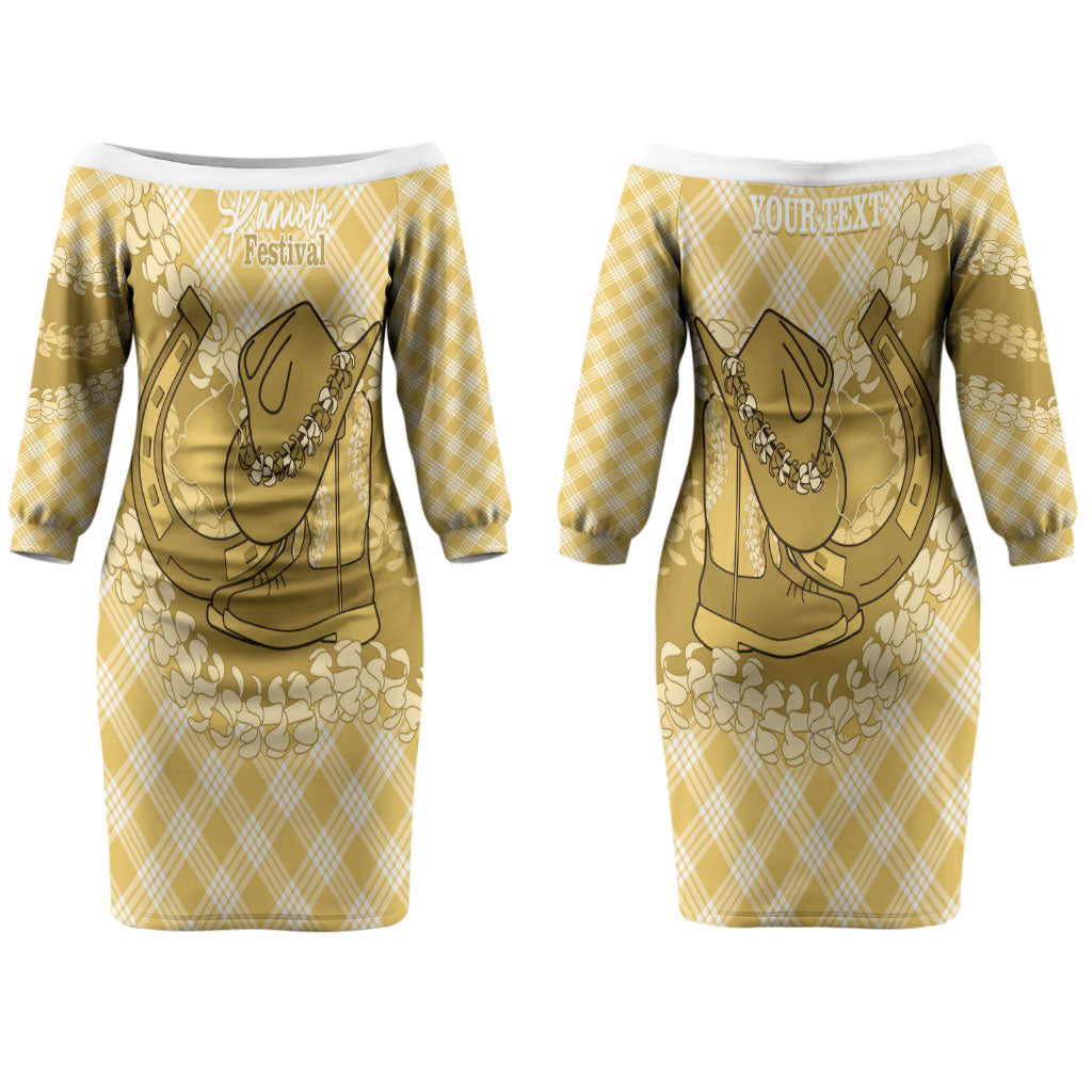 Melemele Hawaii Cowboy Palaka Motifs Personalised Couples Matching Off The Shoulder Long Sleeve Dress and Long Sleeve Button Shirt Paniolo Festival Puakenikeni Lei LT14 - Polynesian Pride