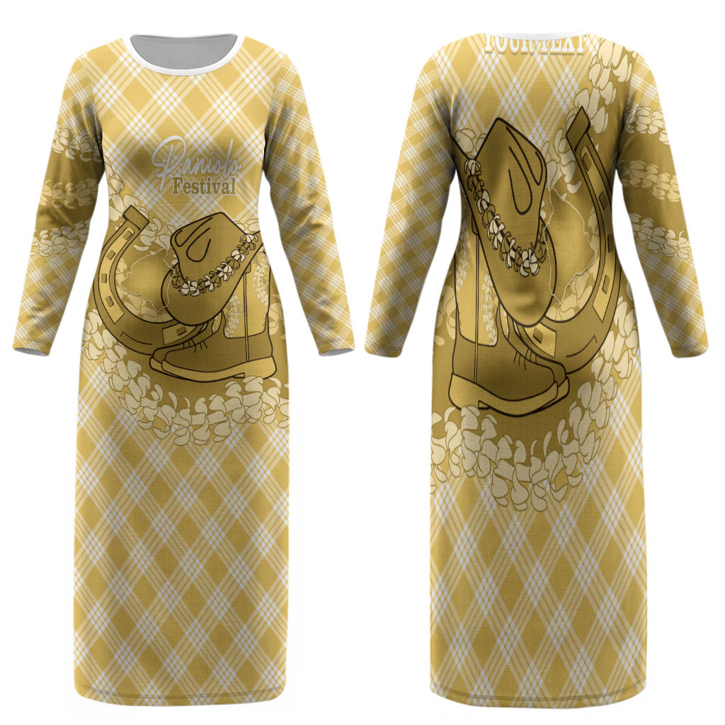 Melemele Hawaii Cowboy Palaka Motifs Personalised Family Matching Long Sleeve Bodycon Dress and Hawaiian Shirt Paniolo Festival Puakenikeni Lei LT14 Mom's Dress Yellow - Polynesian Pride