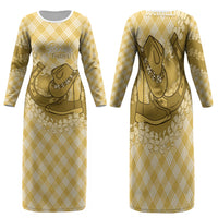 Melemele Hawaii Cowboy Palaka Motifs Personalised Family Matching Long Sleeve Bodycon Dress and Hawaiian Shirt Paniolo Festival Puakenikeni Lei LT14 Mom's Dress Yellow - Polynesian Pride