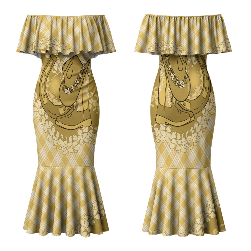 Melemele Hawaii Cowboy Palaka Motifs Personalised Family Matching Mermaid Dress and Hawaiian Shirt Paniolo Festival Puakenikeni Lei LT14 Mom's Dress Yellow - Polynesian Pride