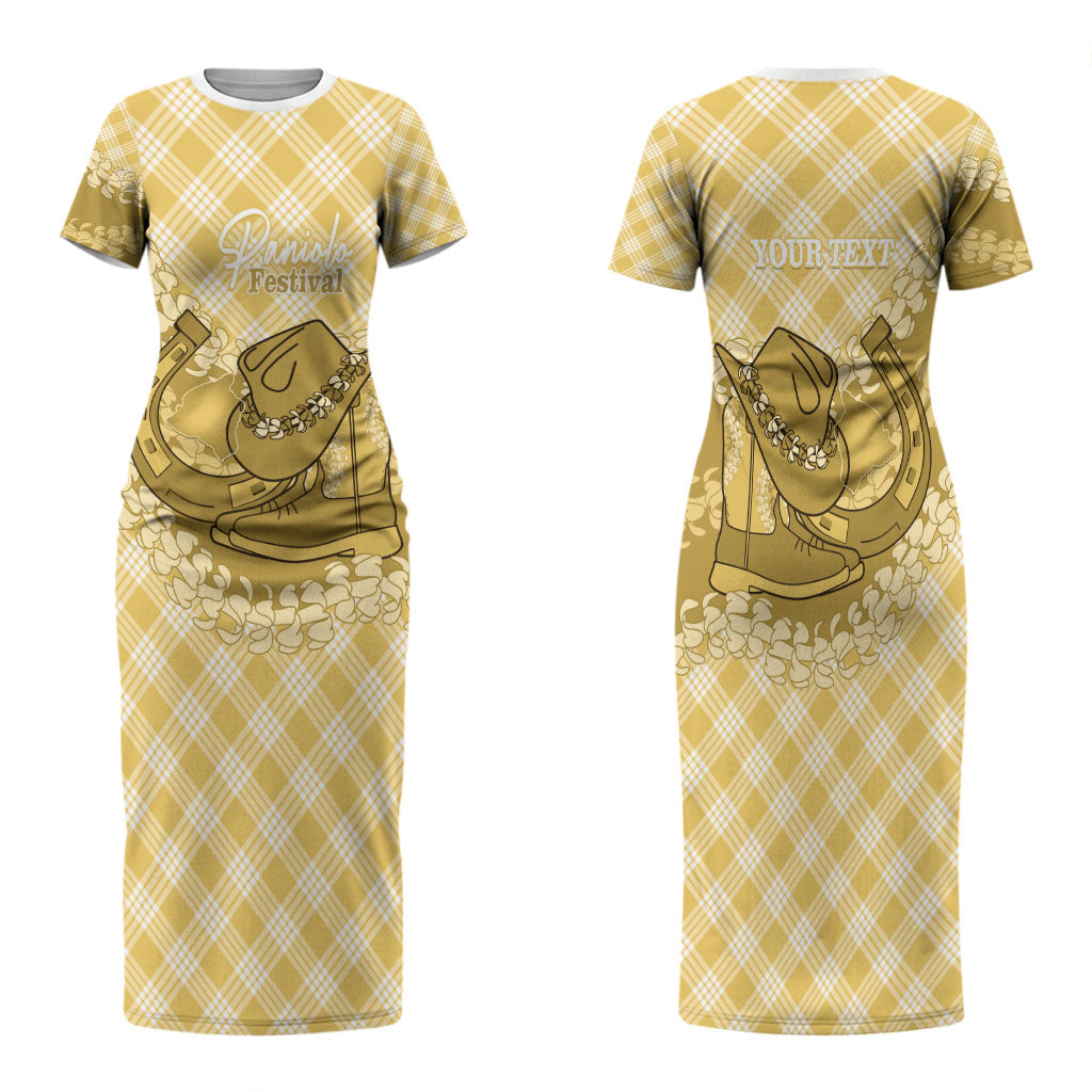 Melemele Hawaii Cowboy Palaka Motifs Personalised Family Matching Short Sleeve Bodycon Dress and Hawaiian Shirt Paniolo Festival Puakenikeni Lei LT14 Mom's Dress Yellow - Polynesian Pride
