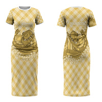 Melemele Hawaii Cowboy Palaka Motifs Personalised Family Matching Short Sleeve Bodycon Dress and Hawaiian Shirt Paniolo Festival Puakenikeni Lei LT14 Mom's Dress Yellow - Polynesian Pride