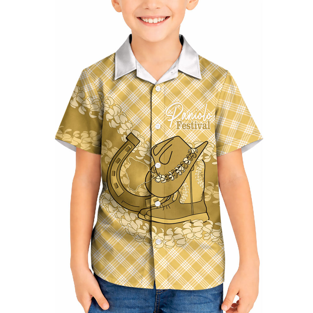 Melemele Hawaii Cowboy Palaka Motifs Personalised Kid Hawaiian Shirt Paniolo Festival Puakenikeni Lei