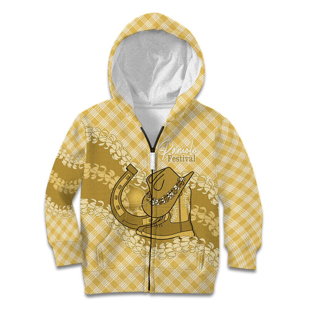 Melemele Hawaii Cowboy Palaka Motifs Personalised Kid Hoodie Paniolo Festival Puakenikeni Lei LT14 Zip Hoodie Yellow - Polynesian Pride