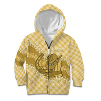 Melemele Hawaii Cowboy Palaka Motifs Personalised Kid Hoodie Paniolo Festival Puakenikeni Lei LT14 Zip Hoodie Yellow - Polynesian Pride