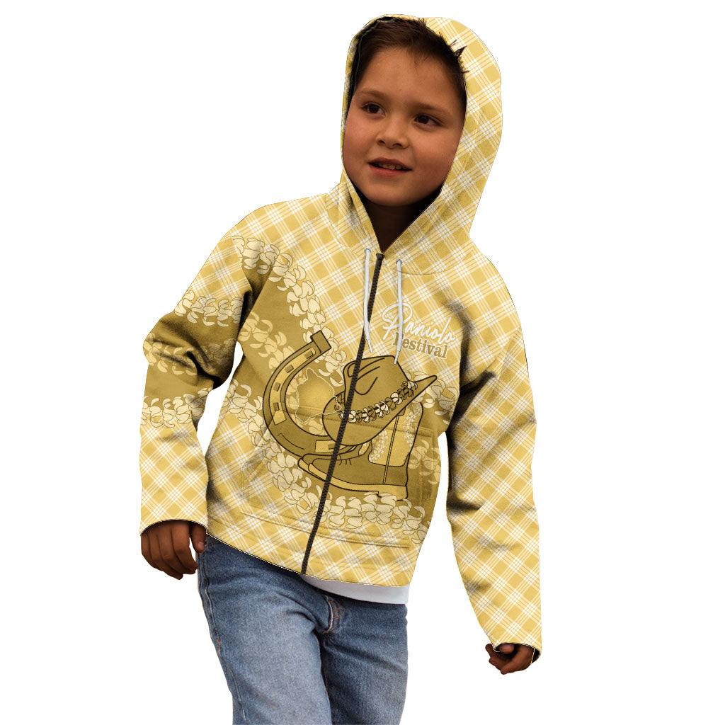 Melemele Hawaii Cowboy Palaka Motifs Personalised Kid Hoodie Paniolo Festival Puakenikeni Lei LT14 - Polynesian Pride