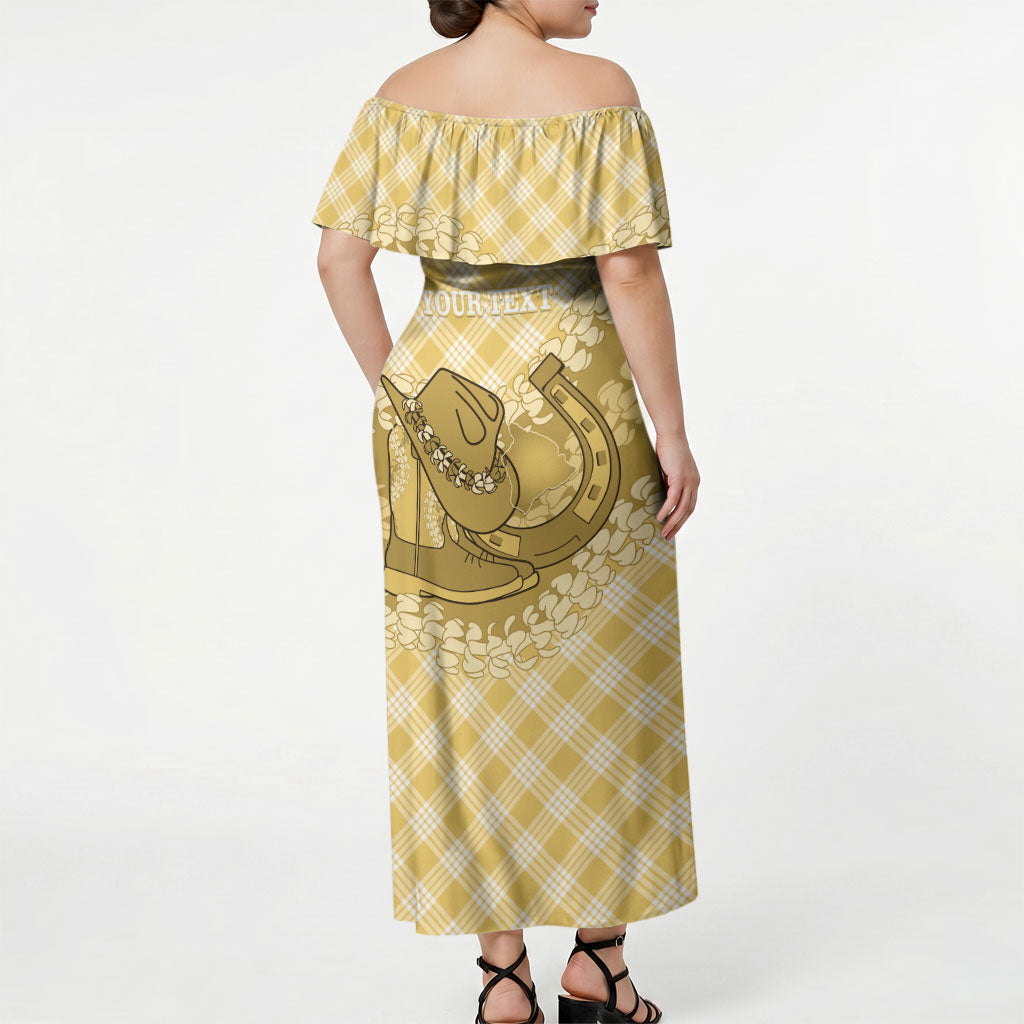 Melemele Hawaii Cowboy Palaka Motifs Personalised Off Shoulder Maxi Dress Paniolo Festival Puakenikeni Lei LT14 - Polynesian Pride