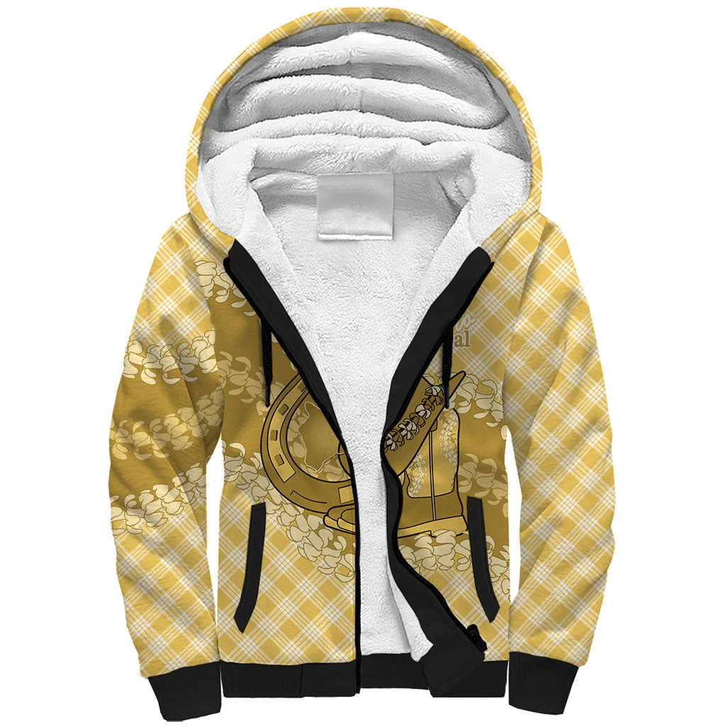 Melemele Hawaii Cowboy Palaka Motifs Personalised Sherpa Hoodie Paniolo Festival Puakenikeni Lei