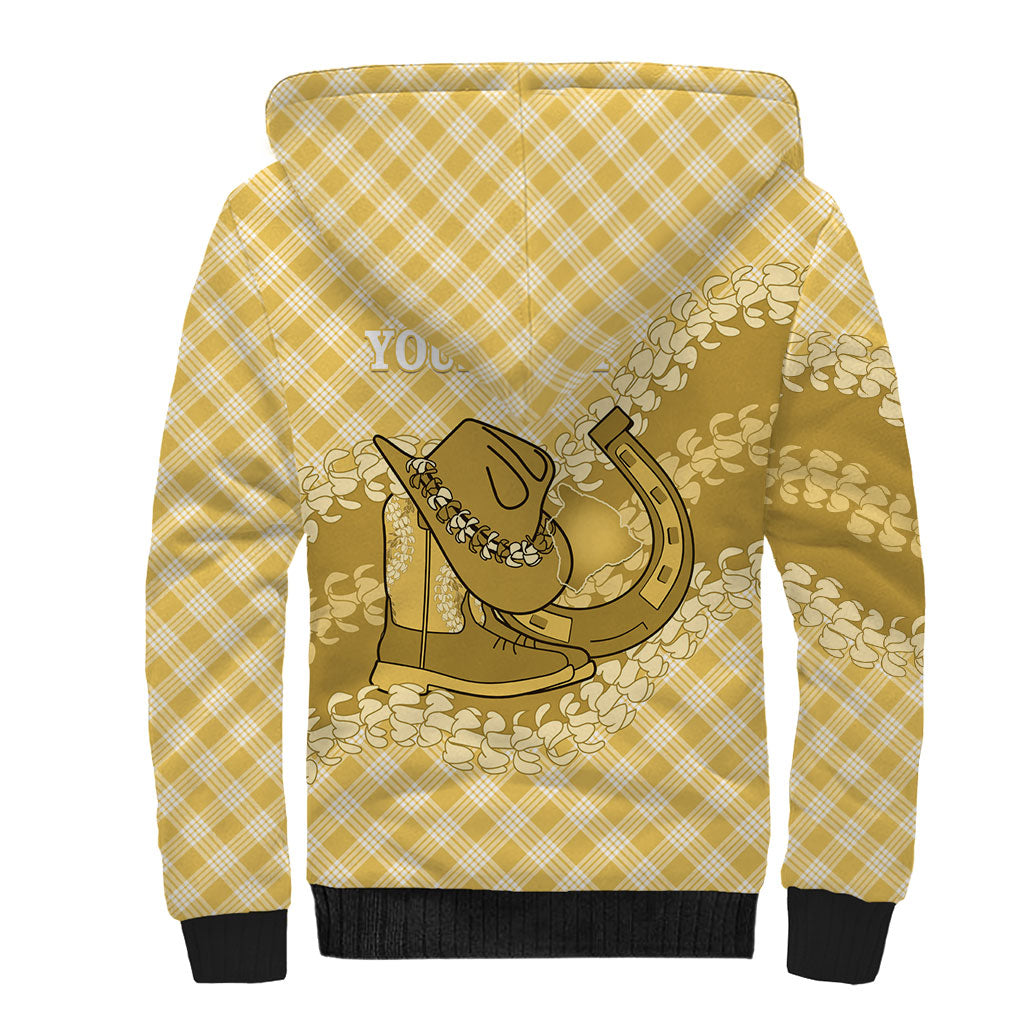 Melemele Hawaii Cowboy Palaka Motifs Personalised Sherpa Hoodie Paniolo Festival Puakenikeni Lei