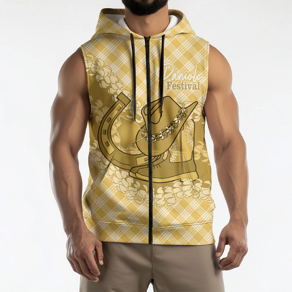 Melemele Hawaii Cowboy Palaka Motifs Personalised Sleeveless Zip Hoodie Paniolo Festival Puakenikeni Lei LT14 - Polynesian Pride