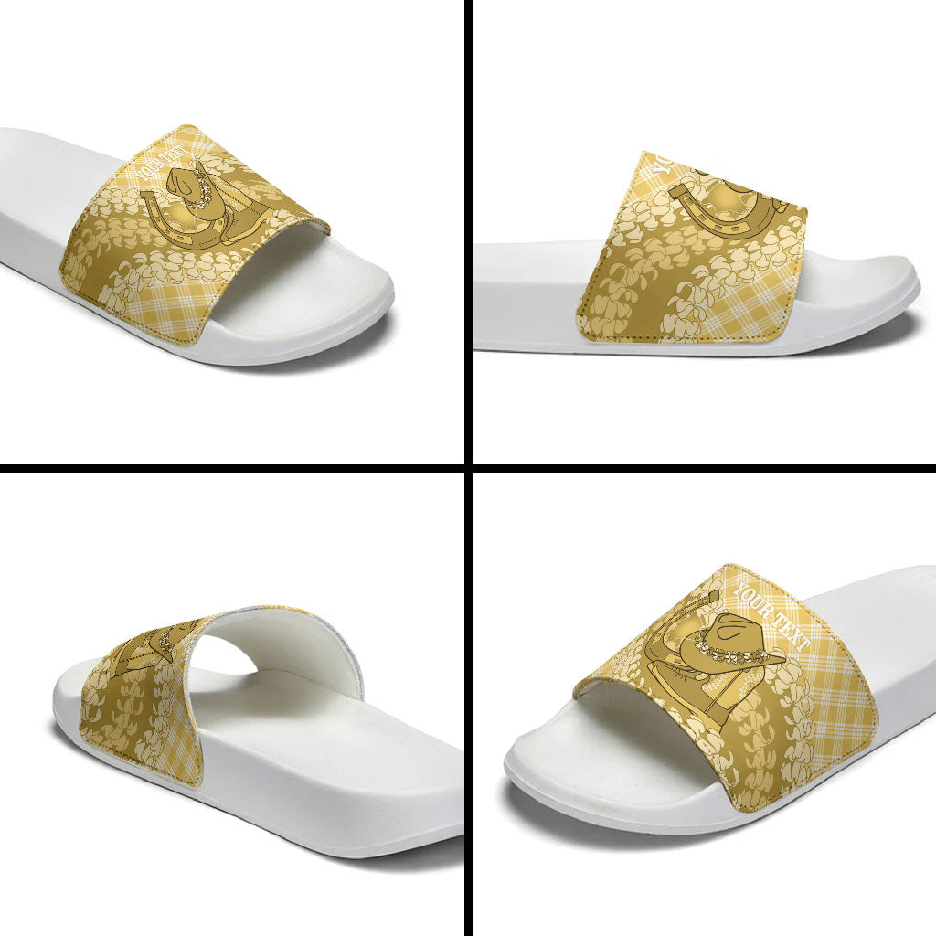 Melemele Hawaii Cowboy Palaka Motifs Personalised Slide Sandals Paniolo Festival Puakenikeni Lei LT14 - Polynesian Pride