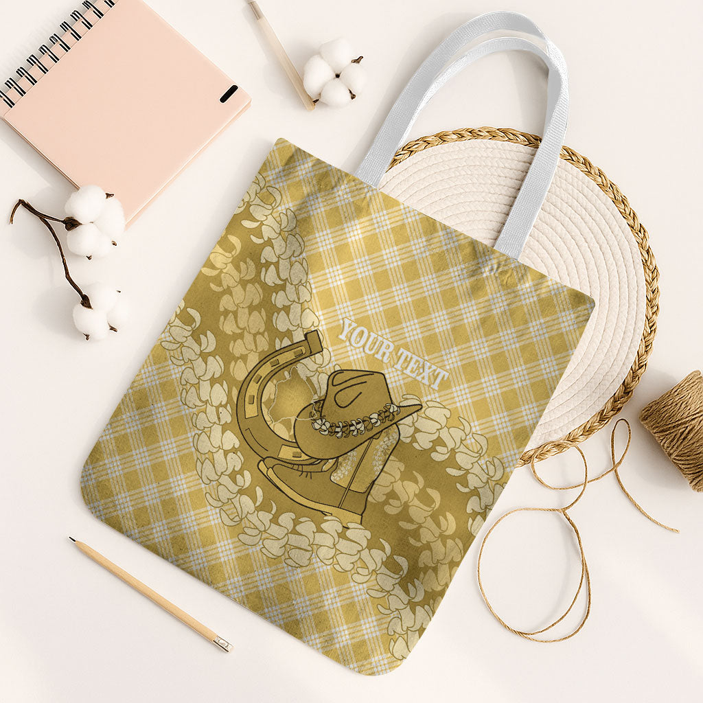 Melemele Hawaii Cowboy Palaka Motifs Personalised Tote Bag Paniolo Festival Puakenikeni Lei LT14 White Strap One Size Yellow - Polynesian Pride