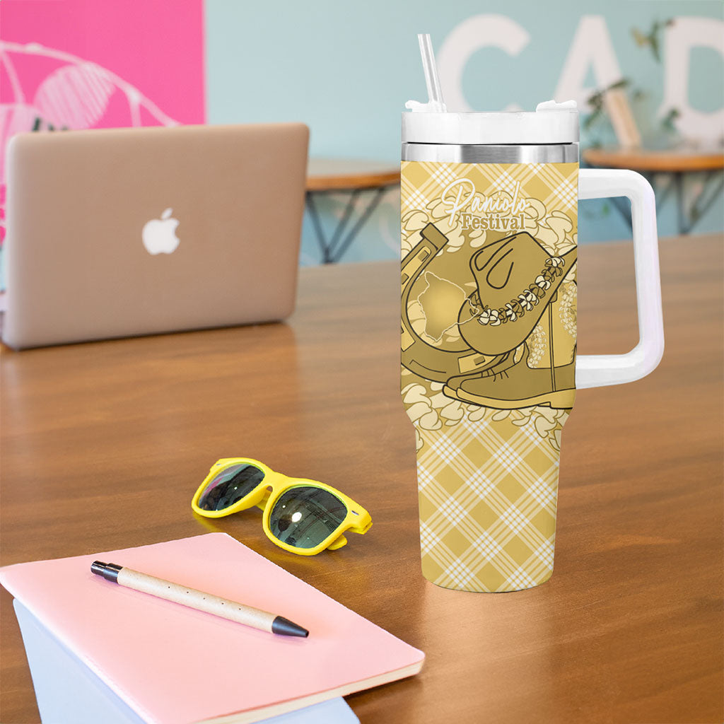 Melemele Hawaii Cowboy Palaka Motifs Personalised Tumbler With Handle Paniolo Festival Puakenikeni Lei LT14 - Polynesian Pride