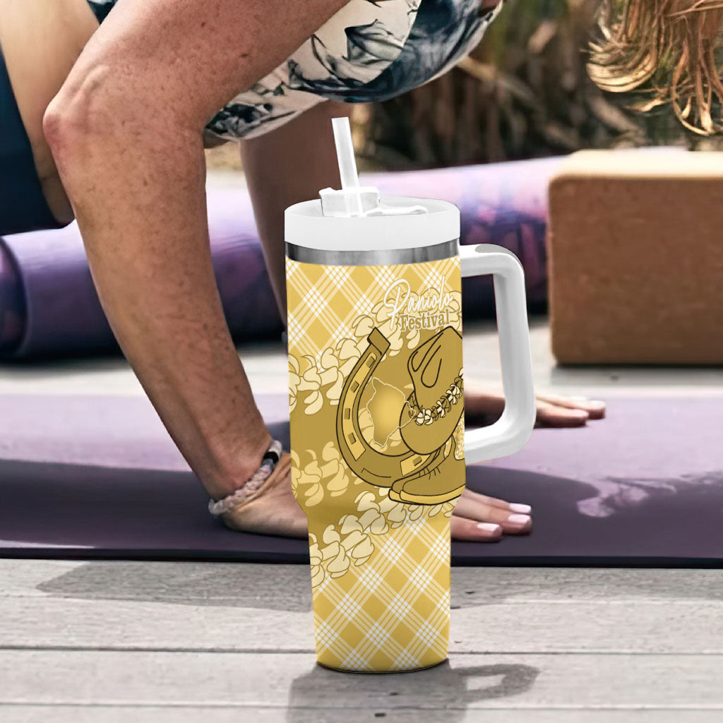 Melemele Hawaii Cowboy Palaka Motifs Personalised Tumbler With Handle Paniolo Festival Puakenikeni Lei LT14 - Polynesian Pride