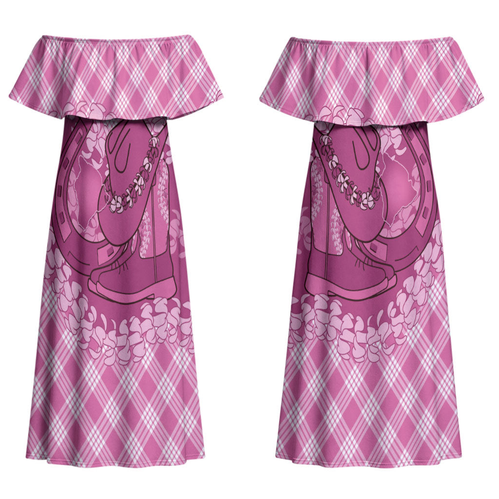 Alaka Hawaii Cowboy Palaka Motifs Personalised Couples Matching Off Shoulder Maxi Dress and Long Sleeve Button Shirt Paniolo Festival Puakenikeni Lei LT14 - Polynesian Pride