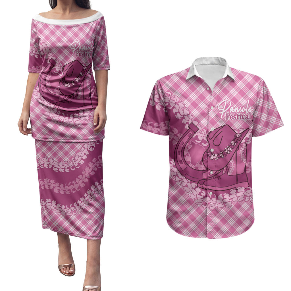Alaka Hawaii Cowboy Palaka Motifs Personalised Couples Matching Puletasi and Hawaiian Shirt Paniolo Festival Puakenikeni Lei