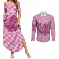 Alaka Hawaii Cowboy Palaka Motifs Personalised Couples Matching Summer Maxi Dress and Long Sleeve Button Shirt Paniolo Festival Puakenikeni Lei LT14 Pink - Polynesian Pride