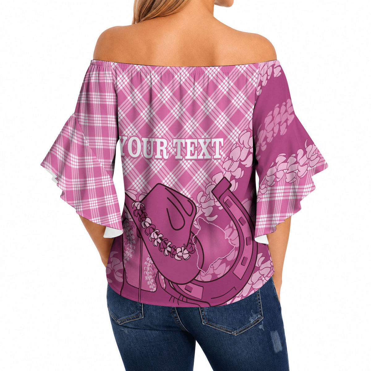 Alaka Hawaii Cowboy Palaka Motifs Personalised Off Shoulder Wrap Waist Top Paniolo Festival Puakenikeni Lei LT14 - Polynesian Pride