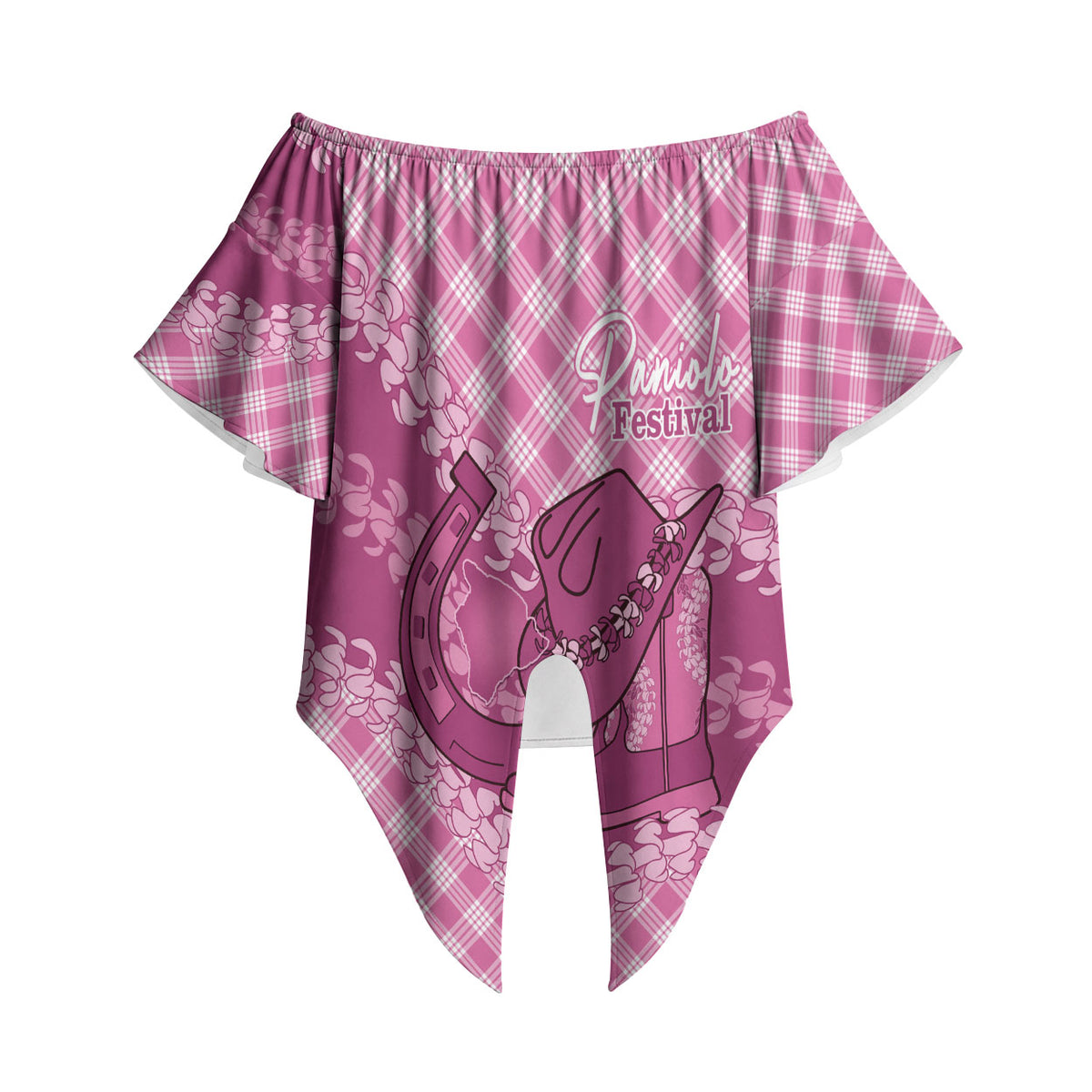 Alaka Hawaii Cowboy Palaka Motifs Personalised Off Shoulder Wrap Waist Top Paniolo Festival Puakenikeni Lei LT14 - Polynesian Pride