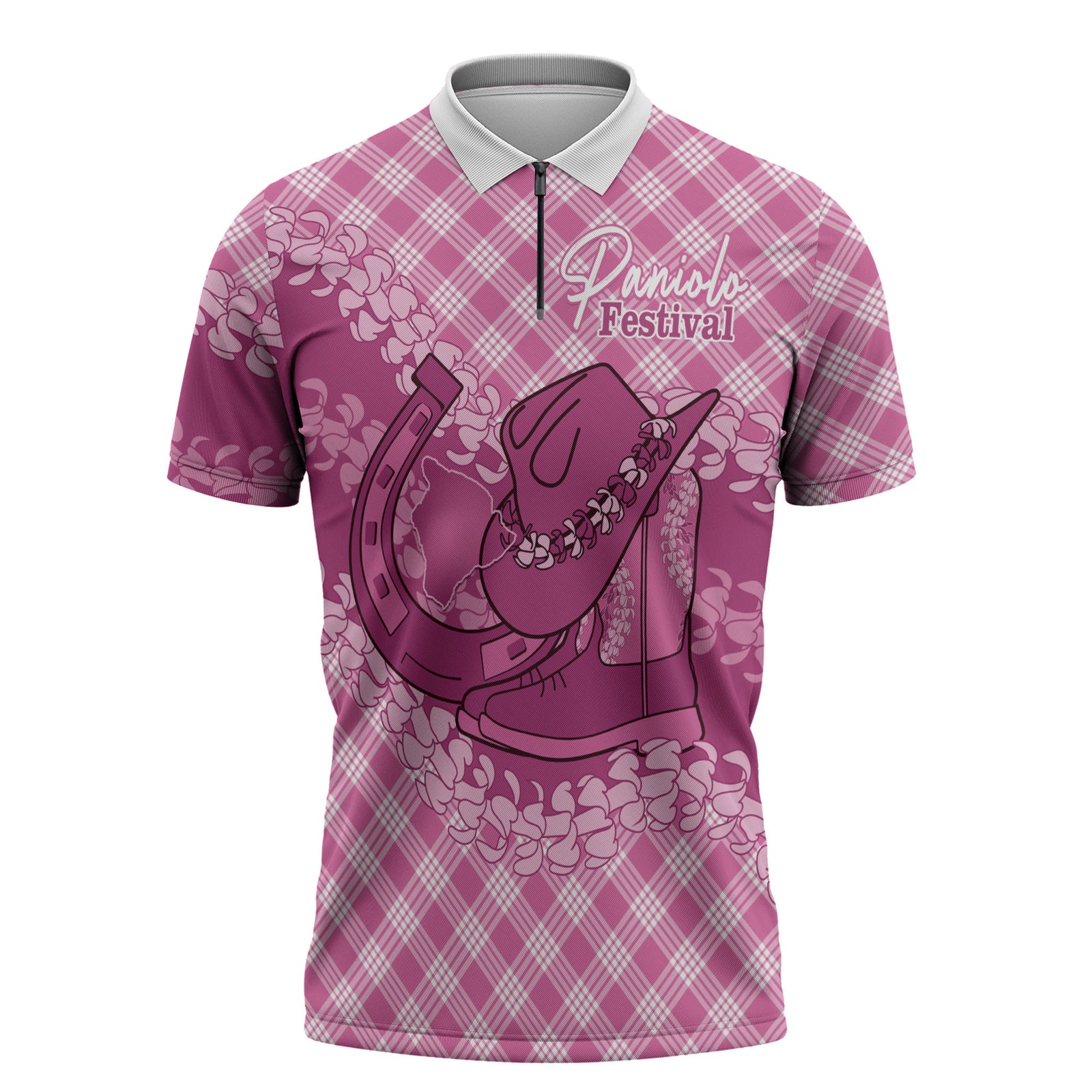 Alaka Hawaii Cowboy Palaka Motifs Personalised Zipper Polo Shirt Paniolo Festival Puakenikeni Lei