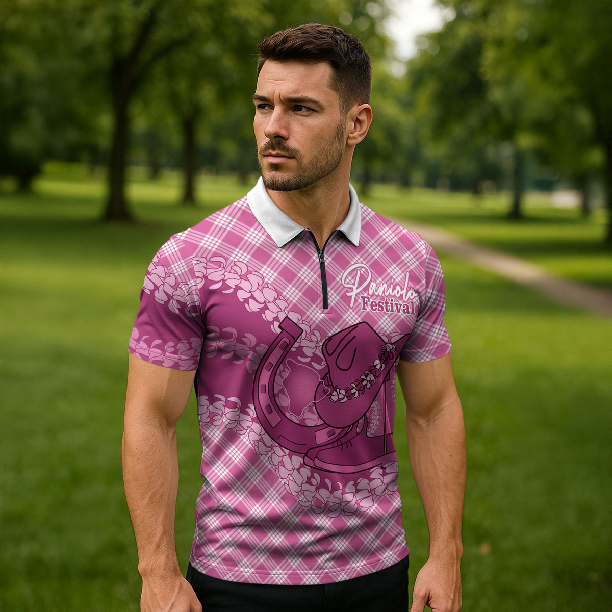 Alaka Hawaii Cowboy Palaka Motifs Personalised Zipper Polo Shirt Paniolo Festival Puakenikeni Lei LT14 - Polynesian Pride