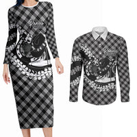 Eleele Hawaii Cowboy Palaka Motifs Personalised Couples Matching Long Sleeve Bodycon Dress and Long Sleeve Button Shirt Paniolo Festival Puakenikeni Lei