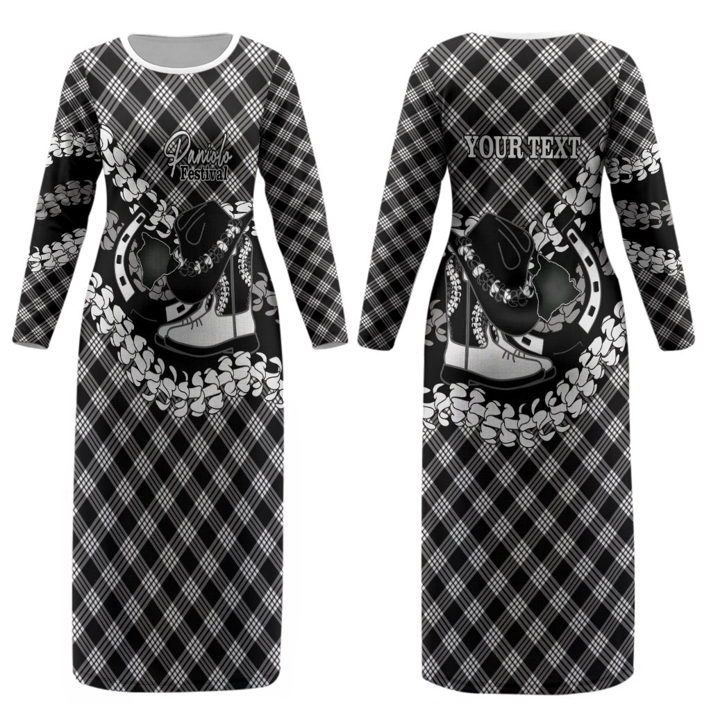 Eleele Hawaii Cowboy Palaka Motifs Personalised Couples Matching Long Sleeve Bodycon Dress and Long Sleeve Button Shirt Paniolo Festival Puakenikeni Lei